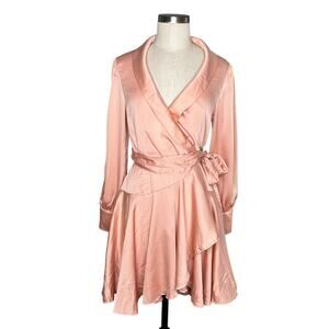 MAC DUGGAL Salmon A-Line Satin Long Sleeve Mini Dress Pink Wrap Small